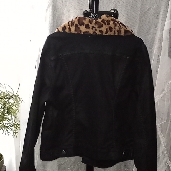 NEW Slink Jeans Black Denim Jean Jack w Removable Leopard Print Fx Fur Collar - Picture 7 of 12